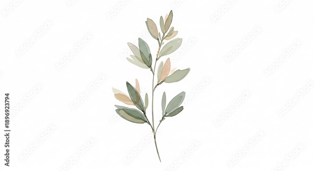 Fototapeta premium Watercolor Painting of a Single Stem with Leaves and Blossoms on White Background