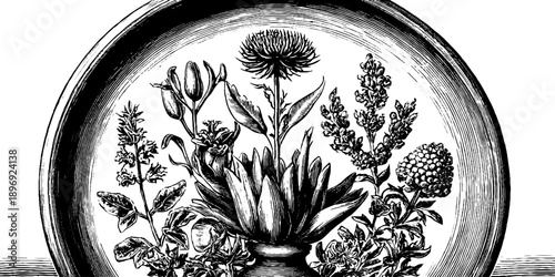 Vintage botanical heraldic roundel from 19th century for decorative use