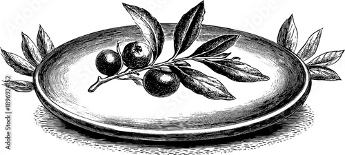 Vintage 19th century decorative heraldic roundel with botanical elements