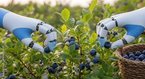 Robotic arms picking blueberries in a lush green field with a basket of harvested berries