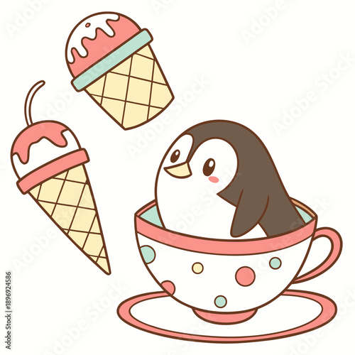 Cute Cheerful Emperor penguin, accessorized with in a teacup, in a Ice cream party world – Scoops & Swirls palette vector