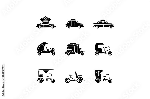 Tuk tuk silhouette icons collection, multiple angles, monochrome black, clean minimal vector design