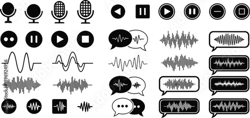 Audio Recording and Playback Icon Set Featuring Microphones, Waveforms, Control Buttons, and Speech Bubble Designs for Sound Communication