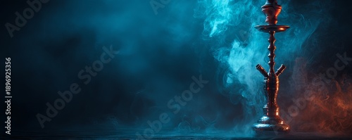 Ornate hookah with blue and orange smoke on dark background
