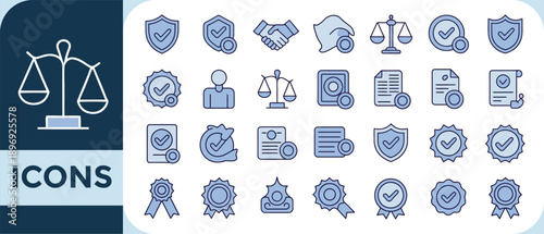 Collection of legal icons representing justice law security and reliability