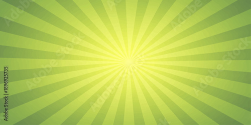 An abstract green vector background featuring a bright sunburst pattern with radial yellow light rays and a glowing orange starburst explosion design for a summer sunrise wallpaper backdrop