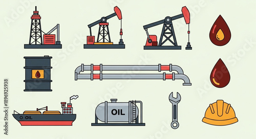 Oil Industry Equipment and Symbols Collection Flat Design.
