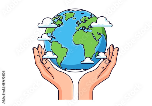 Hands holding earth globe with clouds