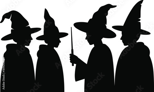 Witch, silhouettes, magic, wizards, halloween, spooky, fantasy, characters, hats, wand, spell, dark, mystery, black, white, isolated, vector, illustration, set, collection