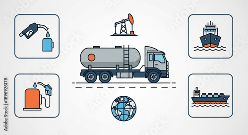 Oil industry transportation and distribution icons and illustration.