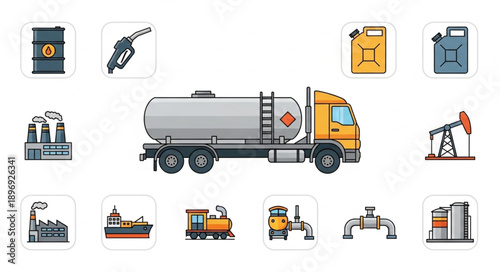 Oil Tanker Truck and Related Industry Icons.