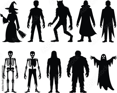 Horror, fantasy, monster, silhouettes, characters, witch, werewolf, vampire, ghost, zombie, skeleton, spooky, halloween, scary, dark, black, white, isolated, vector, collection