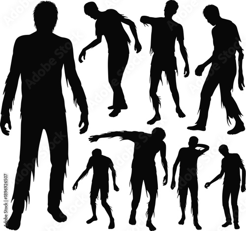 Zombie silhouette pose set, undead human figures, horror monster actions, spooky Halloween concept, black isolated vector illustration collection