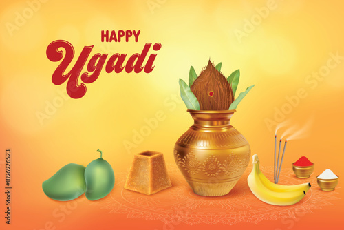 Ugadi Festival Celebration Background On Orange Bacground. Telugu and Kannada New Year Festival Vector Illustration. Indian Hindu Festival Concept For E-commerce Sale, Greetings, Poster, Banner.