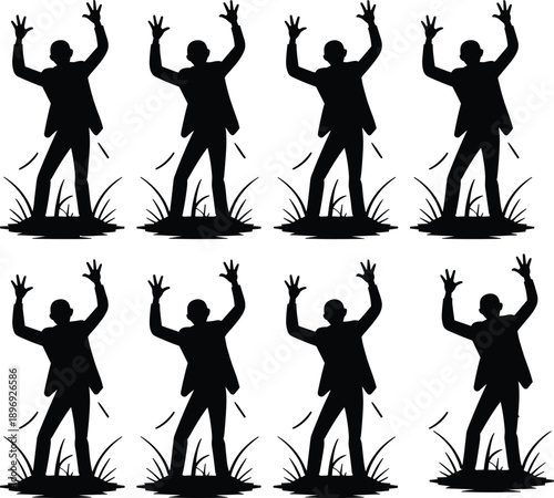 Zombie silhouette raising hands collection, undead human figures, horror Halloween concept, black isolated vector illustration set, spooky scary characters