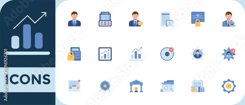 Collection of business and finance icons representing growth security and data analysis
