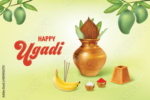 Ugadi Festival Celebration Background On Green Bacground. Telugu and Kannada New Year Festival Vector Illustration. Indian Hindu Festival Concept For E-commerce Sale, Greetings, Poster, Banner.