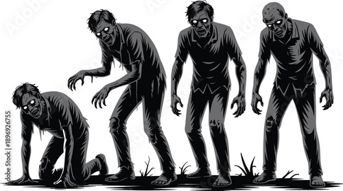 Zombie action pose illustration set, undead horror characters, crawling walking monsters, spooky Halloween concept, black white vector art, isolated collection