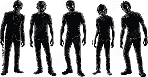 Detailed zombie character illustration set, undead horror people, creepy Halloween monsters, black white graphic style, isolated vector figures