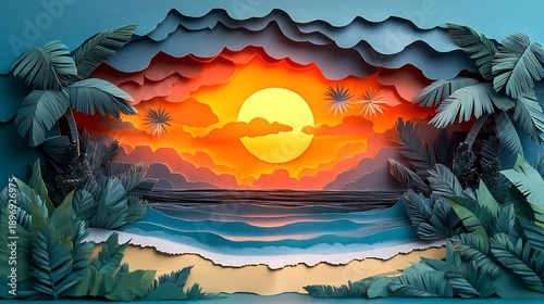 Paper art sunset seascape