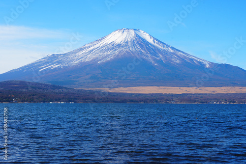 Landscape Yamanakako Lake (Lake Yamanaka) is the largest of Japan's Fuji Five Lakes, offering stunning, up-close views of Mt. Fuji in Yamanashi Japan. Snow Cover on the top of Fuji mountain in Winter 