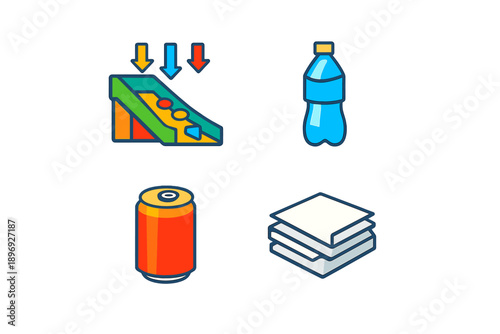 Set of icons representing recycling, beverages, and paper products
