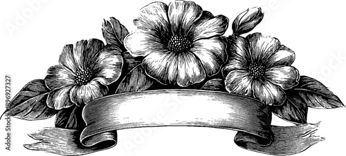 Vintage botanical shield label with decorative floral engraving for retro design