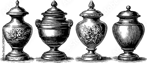 Classical decorative urns with botanical designs - vintage engraving art for design and decor