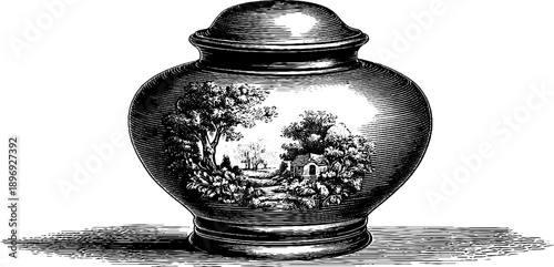 Classical decorative urn with botanical engraving for vintage design elements