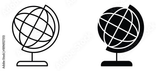 Minimalist Globe Icon Set – Black and White Earth Sphere Vector Illustrations for Education, Travel, and Geography Design