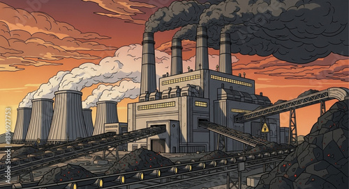 Vintage Industrial Factory with Smoke Stacks.