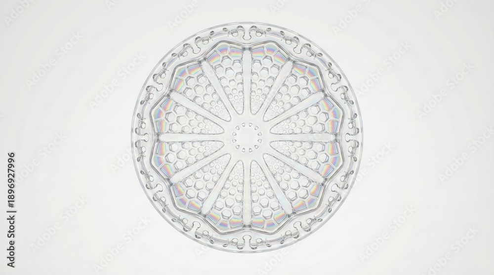 Fototapeta premium Intricate circular symmetrical pattern with radial design elements on a light background.
