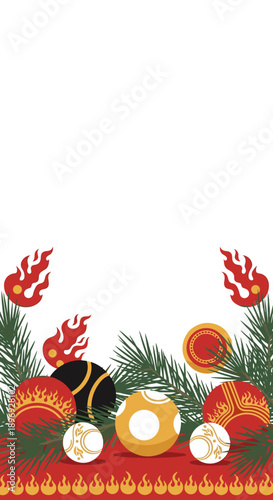 Spanish Christmas Lottery El Gordo Vertical Background with Decorative Balls, Fir Branches and Flames Motif, Large Copy Space