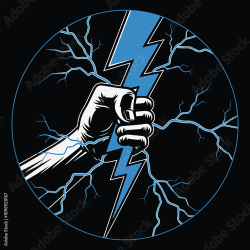 Striking Vector Art Depicting a Resolute Hand Firmly Gripping a Vivid Lightning Bolt, Symbolizing Immense Power, Unyielding Strength, and Electrical Force