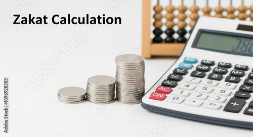 Zakat Calculation with Calculator and Coins.
