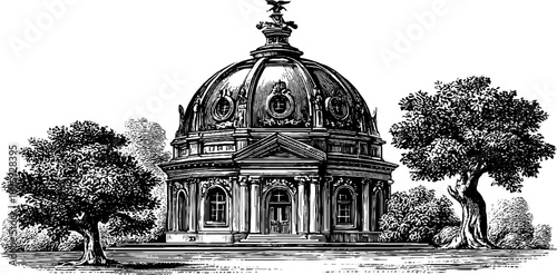 Vintage architectural dome with botanical surroundings detailed engraving