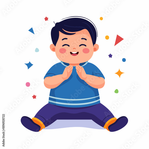 Happy Cartoon Boy Sitting with Hands Together.