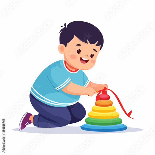 Child Playing with Rainbow Stacking Toy.