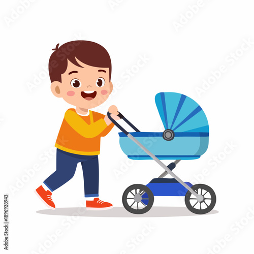 Happy Boy Pushing Baby Stroller Illustration.