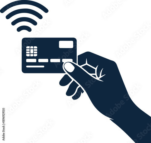 Hand holding a digital credit card with a finger touching the card icon to represent a smart network and business technology concept

