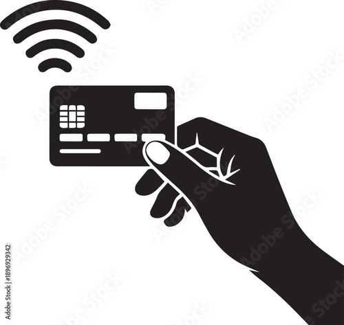A hand holding a credit card displays a digital and business network icons 