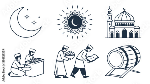 Islamic Ramadan Line Art Icon Set with Mosque, Moon, Bedug and People Preparing Food