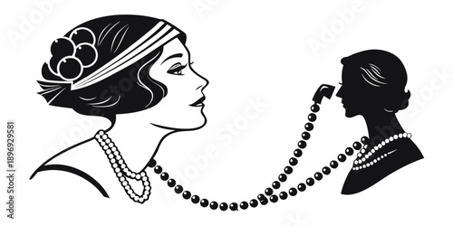 Elegant woman and shadowy figure connected by beaded necklace in black and white illustration