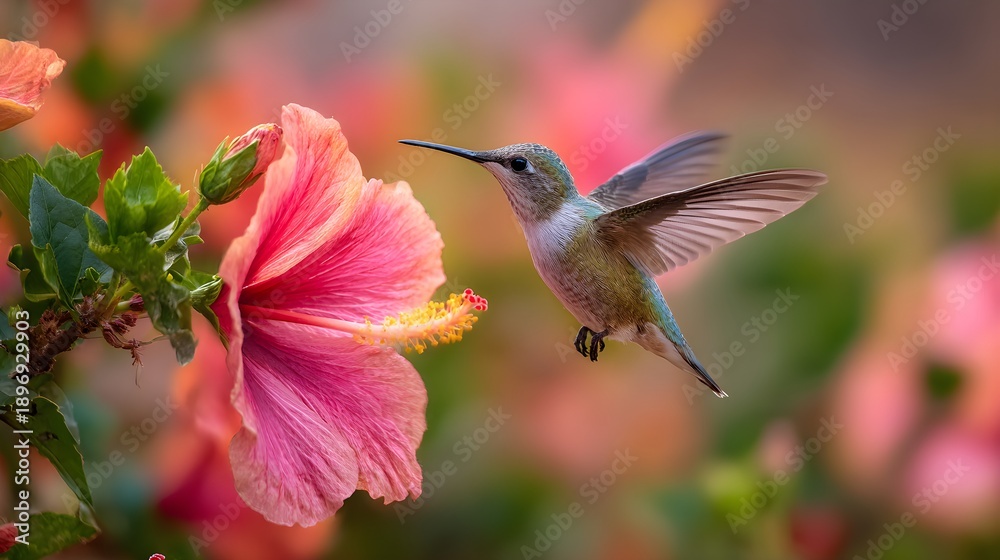 Obraz premium Hummingbird hovers near a vibrant pink hibiscus flower in a lush garden with blurred background
