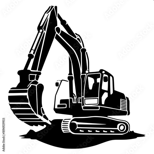 JCB backhoe silhouette illustration, monochrome black, detailed bucket and arm, clean vector design