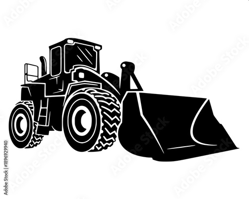 JCB backhoe silhouette illustration, monochrome black, detailed bucket and arm, clean vector design