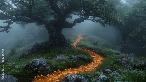 Pathway through forest illuminated with golden light