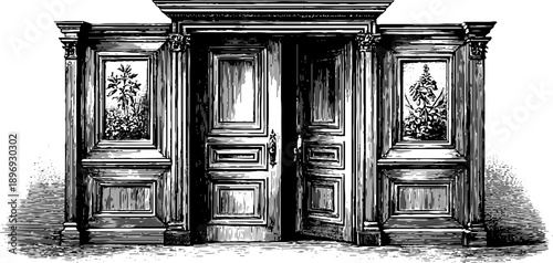 Vintage double wooden door with botanical panel engraving for retro decor design