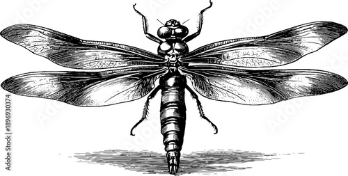 Dragonfly with wings spread in vintage botanical engraving style for design