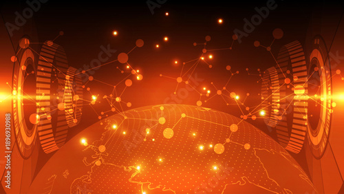 Futuristic Global Technology Concept: Glowing Orange Network Connections and World Globe Interface
